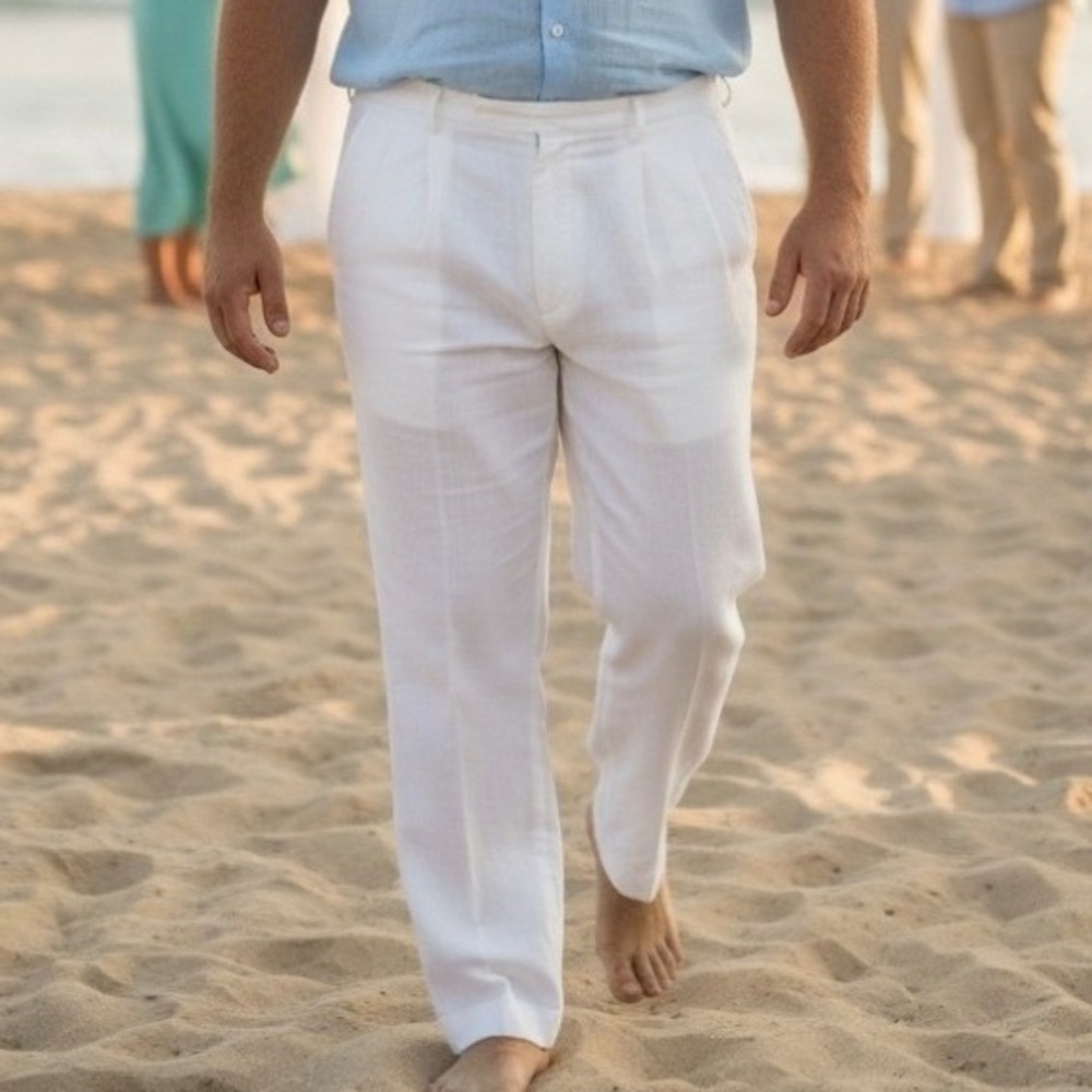 Royal Prestige Mens Pleated 100% Linen Trousers White 42
